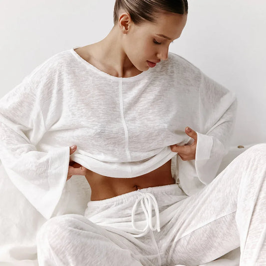 Breathable Loungewear Set Roundneck Top Ankle Pants