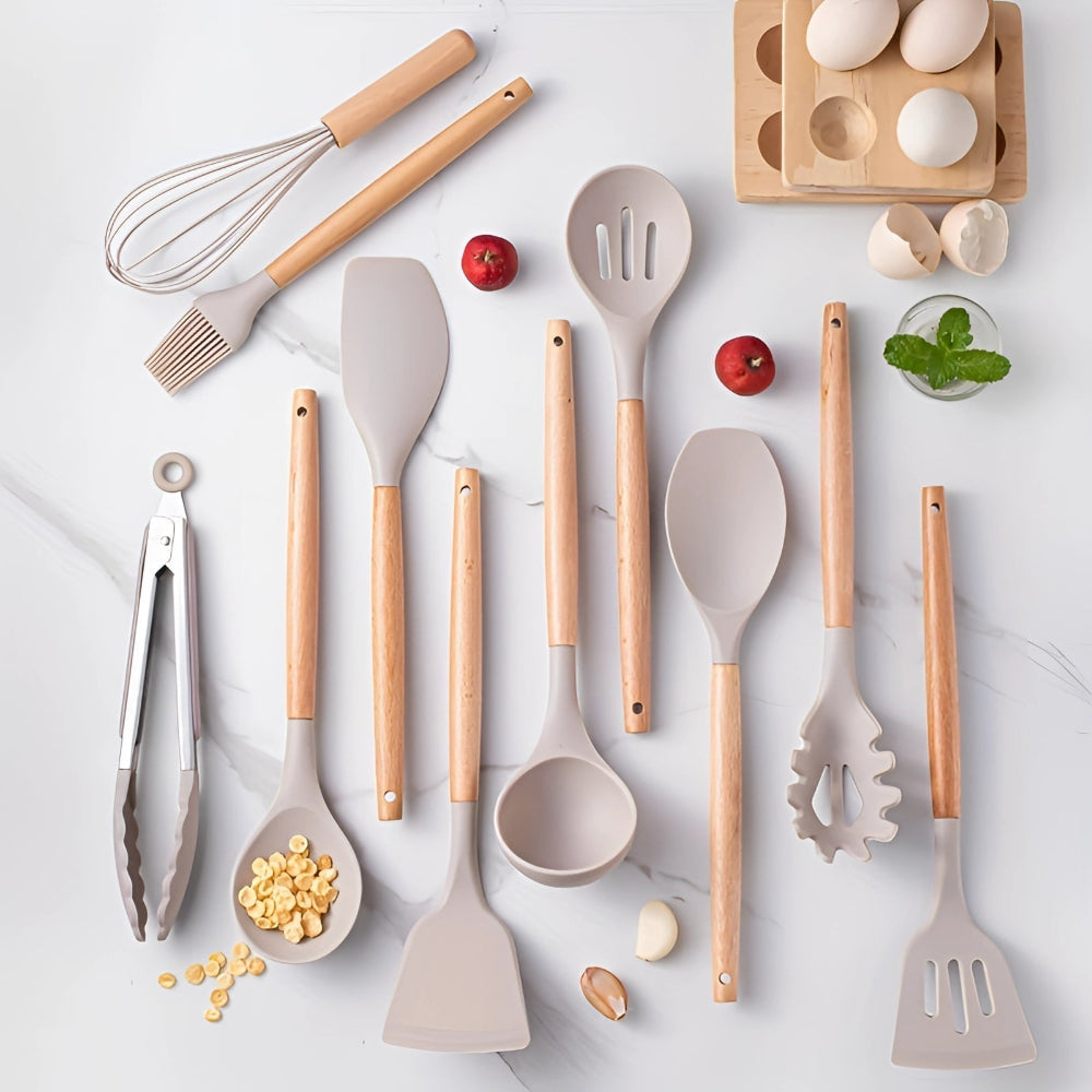 Bamboo Handle Silicone Kitchen Utensil Set 12 Piece Khaki NALANI