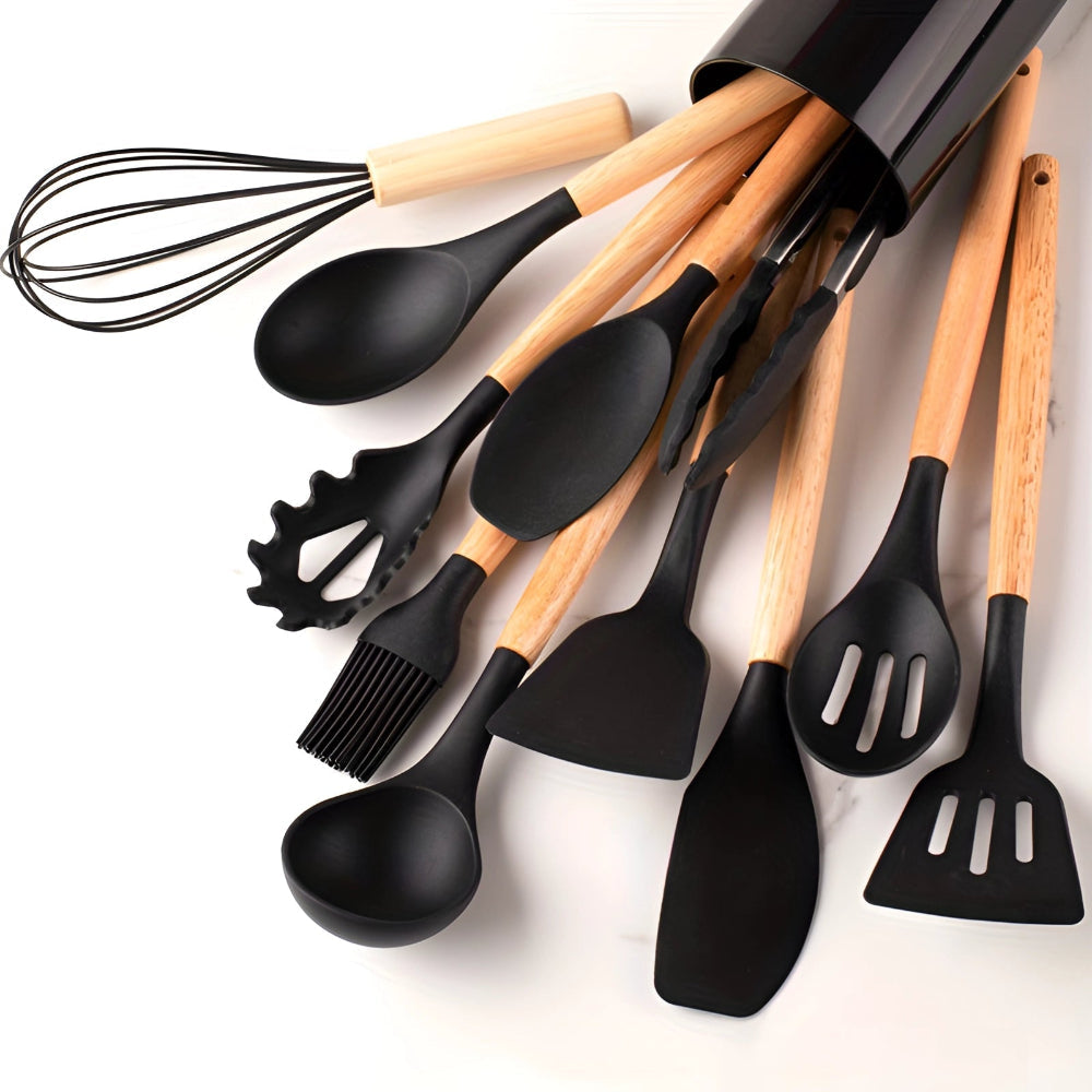 Bamboo Handle Silicone Kitchen Utensil Set 12 Piece Black NALANI