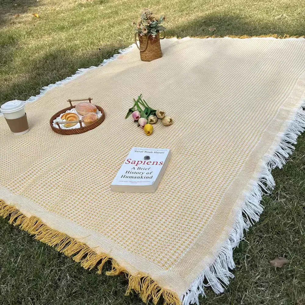 Boho Picnic Blanket With Tassels For Outdoor Picnics Yellow NALANI
