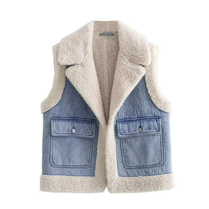 Denim Vest With Vintage Inspired Sherpa Lined Collar For Layering