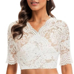 Lace Dirndl Blouse - Black & White V-Neck Crop Top