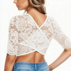 Lace Dirndl Blouse - Black & White V-Neck Crop Top