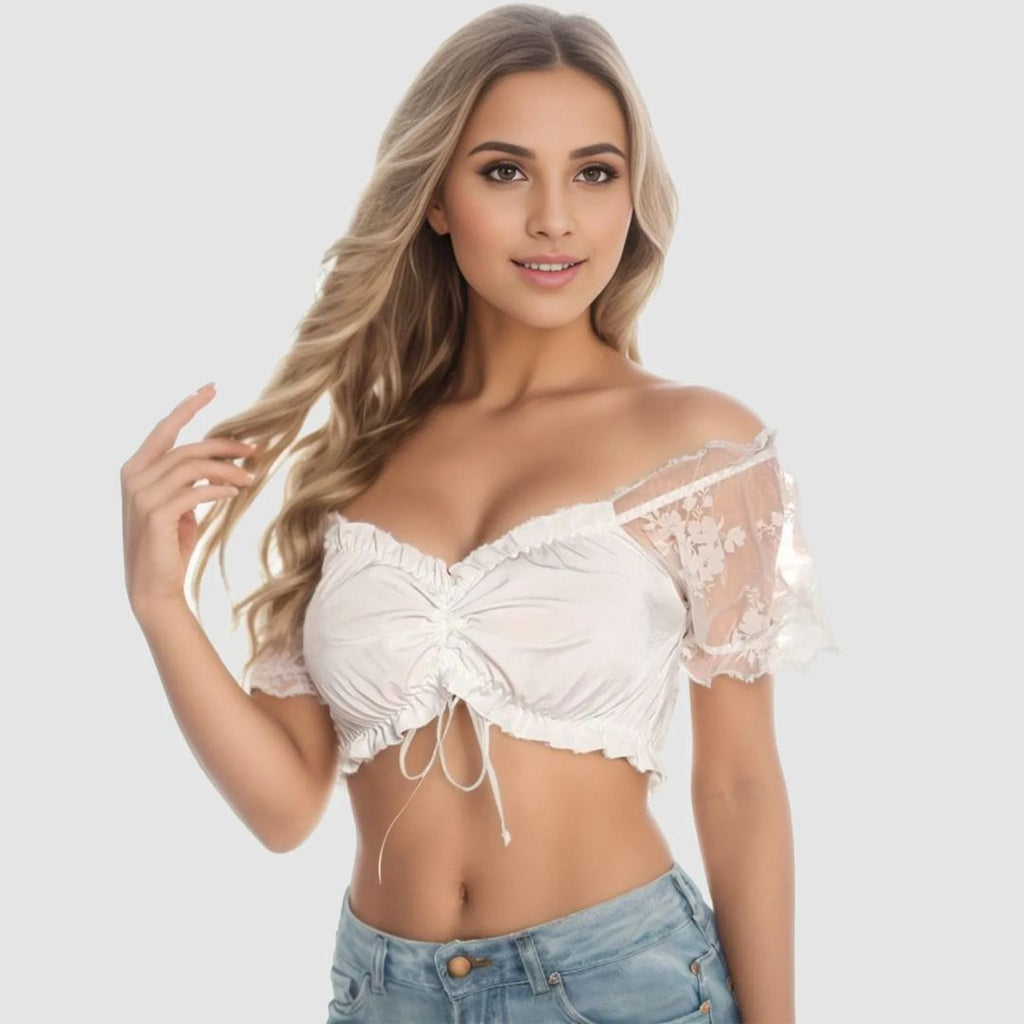 Black and White Lace Dirndl Blouse - Underwire Crop Top