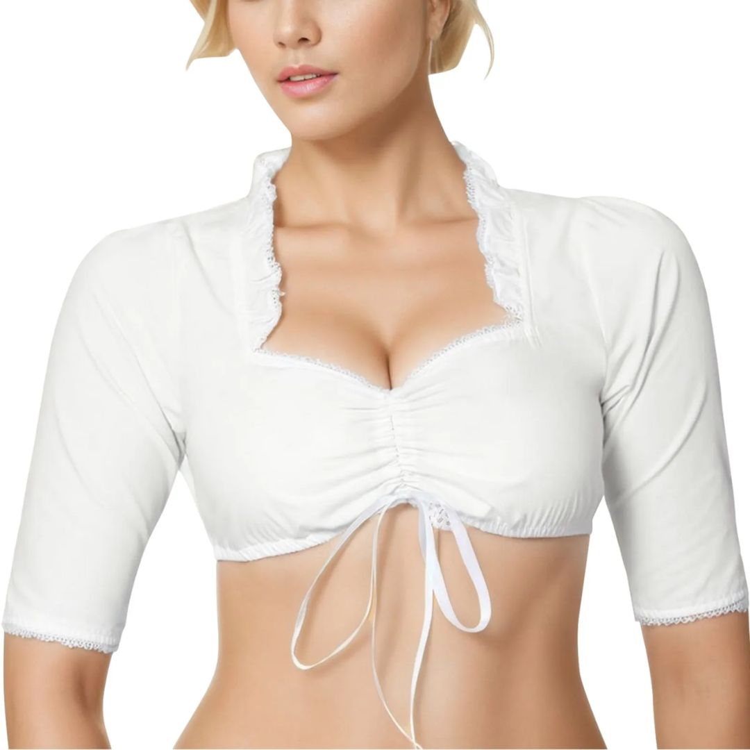Bílá krajková dirndlová halenka – korzetový crop top na Oktoberfest