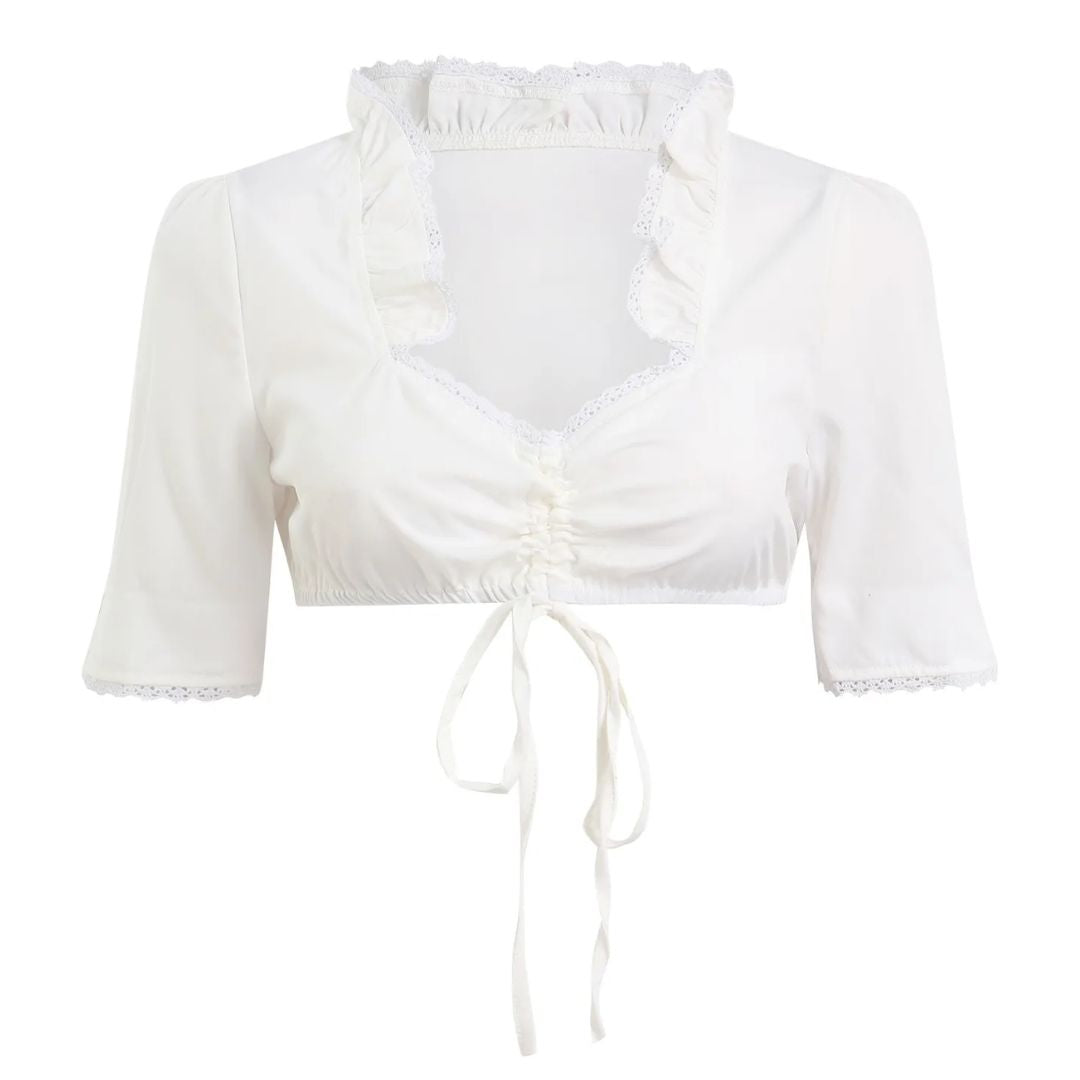 Bílá krajková dirndlová halenka – korzetový crop top na Oktoberfest