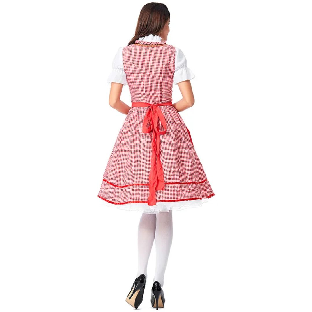 Červené kostkované dirndl šaty – bavorský kostým na Oktoberfest