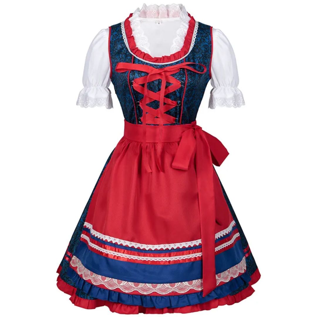 Červené a modré kostkované dirndl šaty – bavorský kostým na Oktoberfest sástěrou