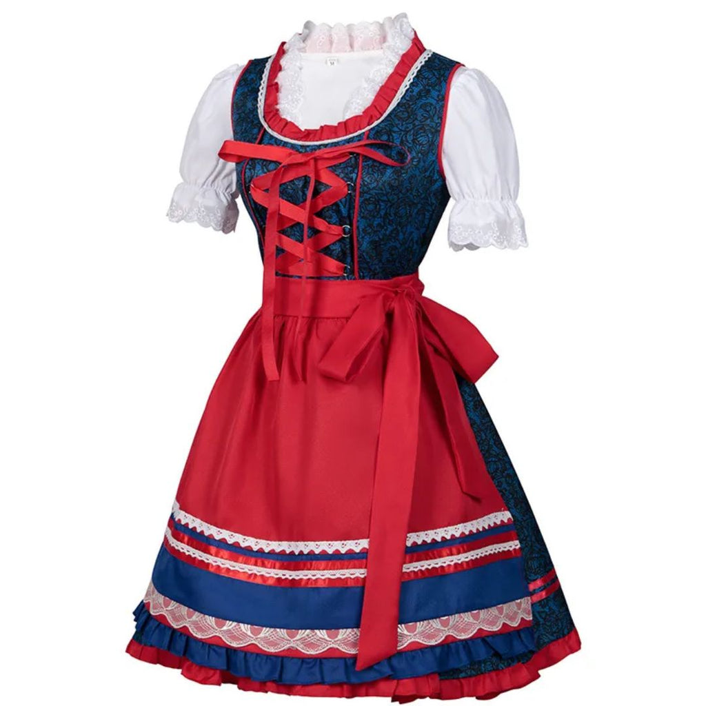 Červené a modré kostkované dirndl šaty – bavorský kostým na Oktoberfest sástěrou