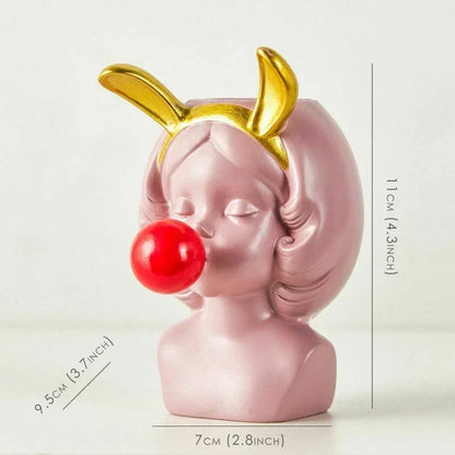 Cute Bubblegum Girl Ceramic Face Vase for Whimsical Home Decor Pink with Rabbit Ears NALANI