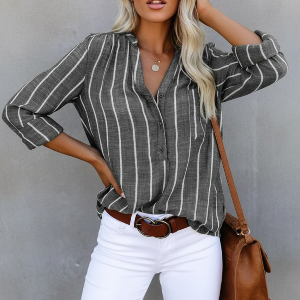 Lunelle Stripe Summer Shirt Soft Cotton Light Breathable V Neck