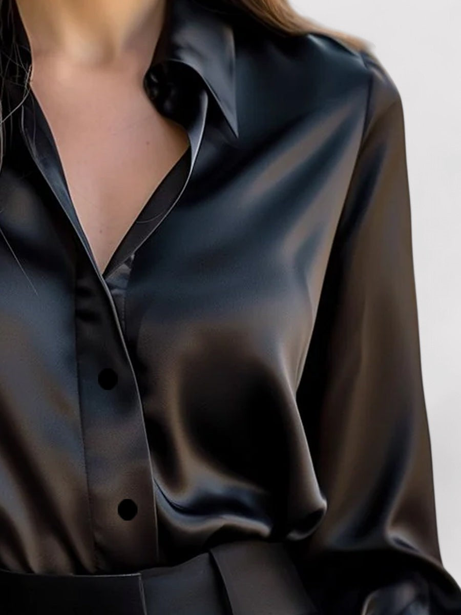 Blusa elegante de satén para mujer con mangas largas, ideal para el trabajo o para la noche