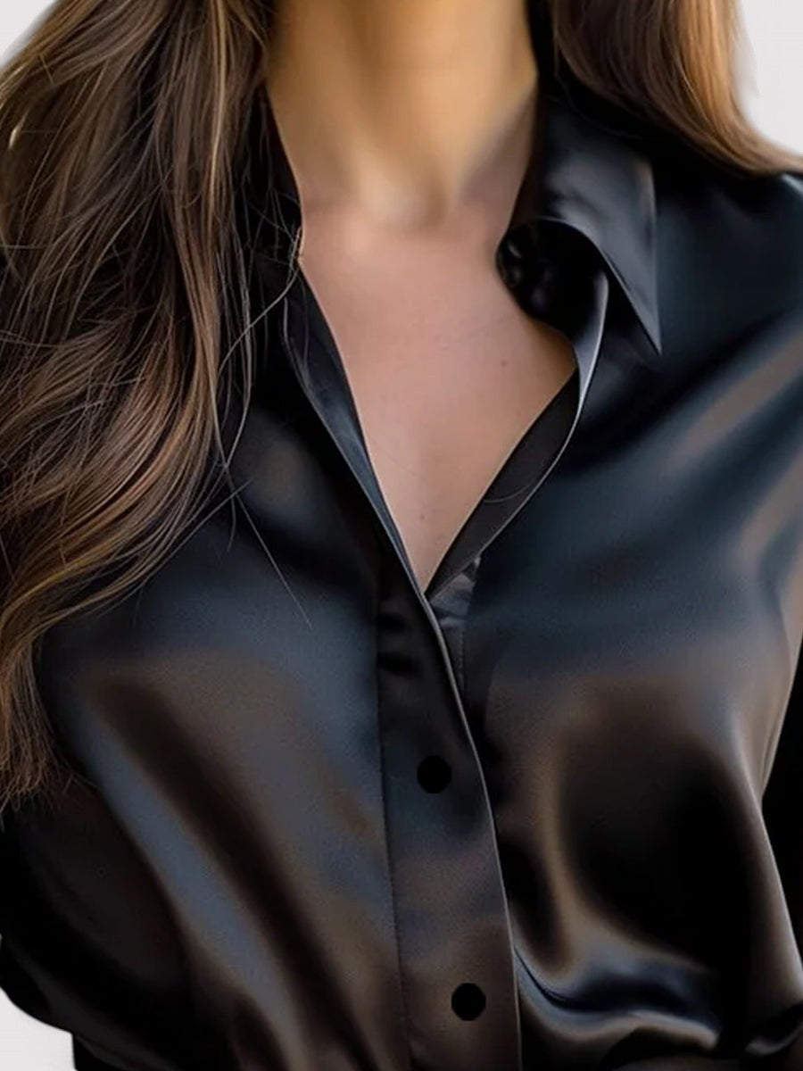 Blusa elegante de satén para mujer con mangas largas, ideal para el trabajo o para la noche