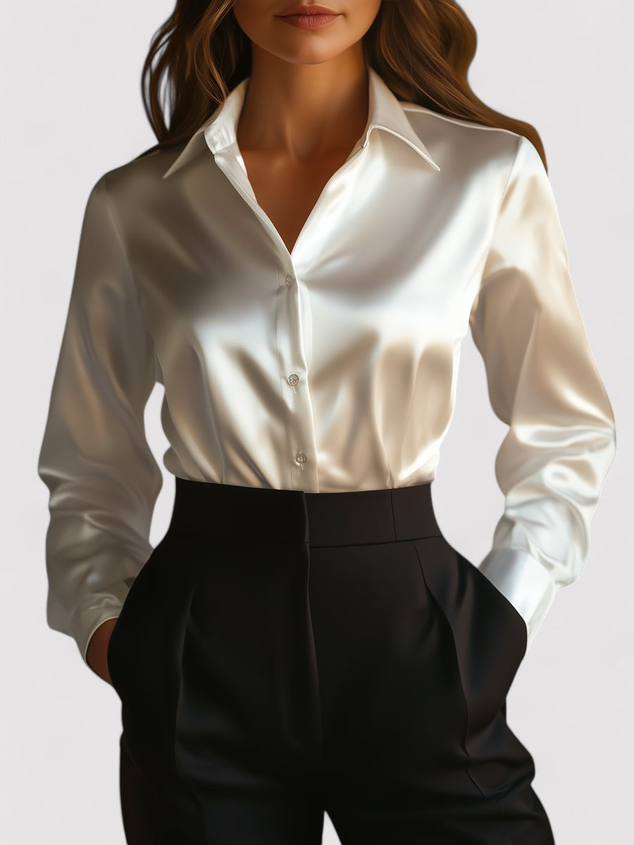 Blusa elegante de satén para mujer con mangas largas, ideal para el trabajo o para la noche