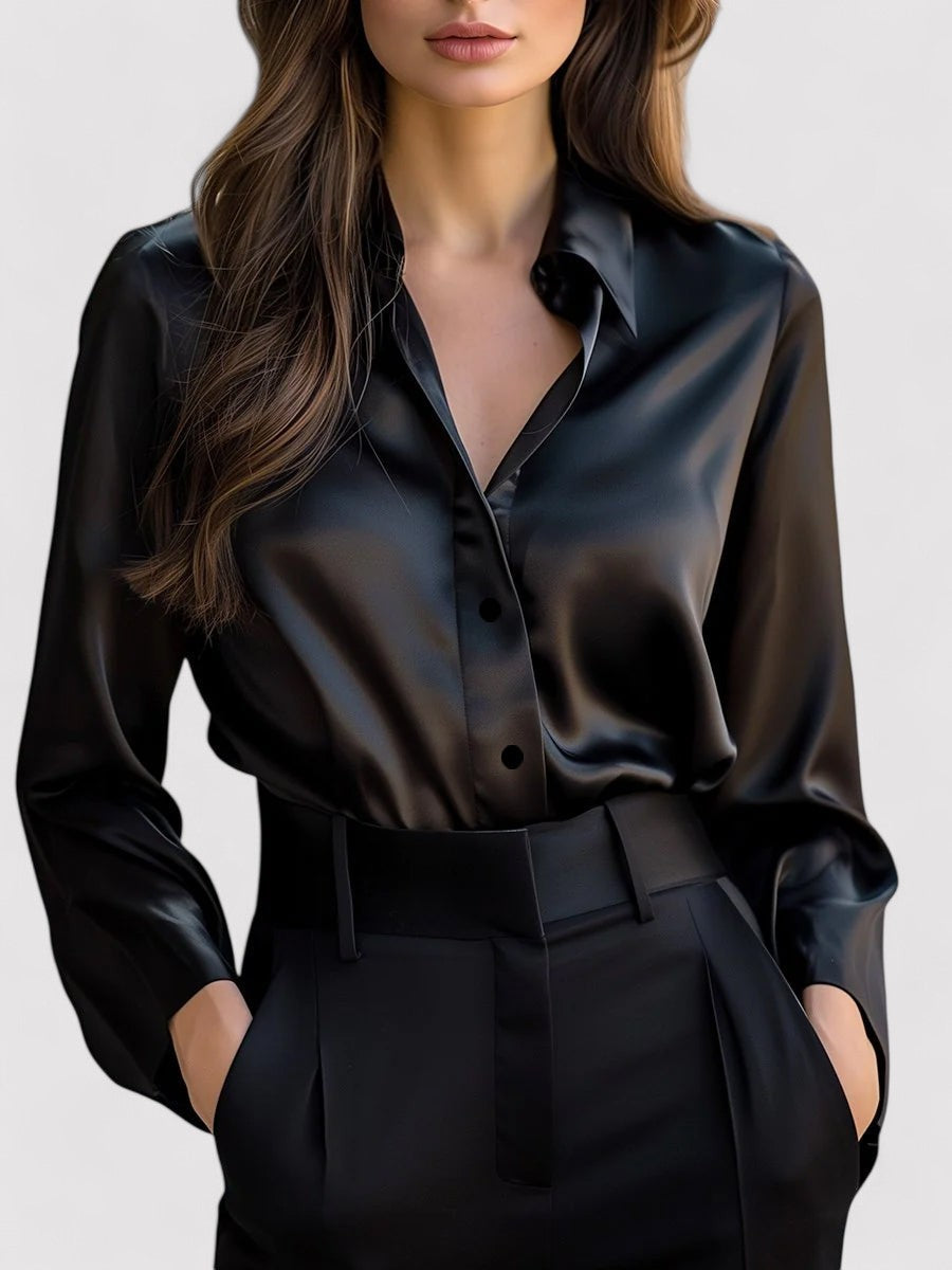 Blusa elegante de satén para mujer con mangas largas, ideal para el trabajo o para la noche