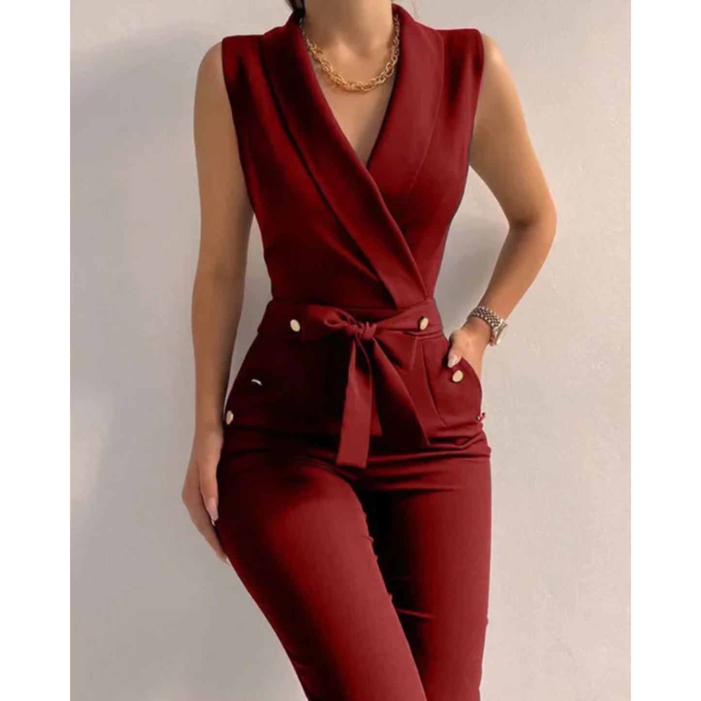 Sleeveless Formal Jumpsuit With V Neck And Lace Up Back