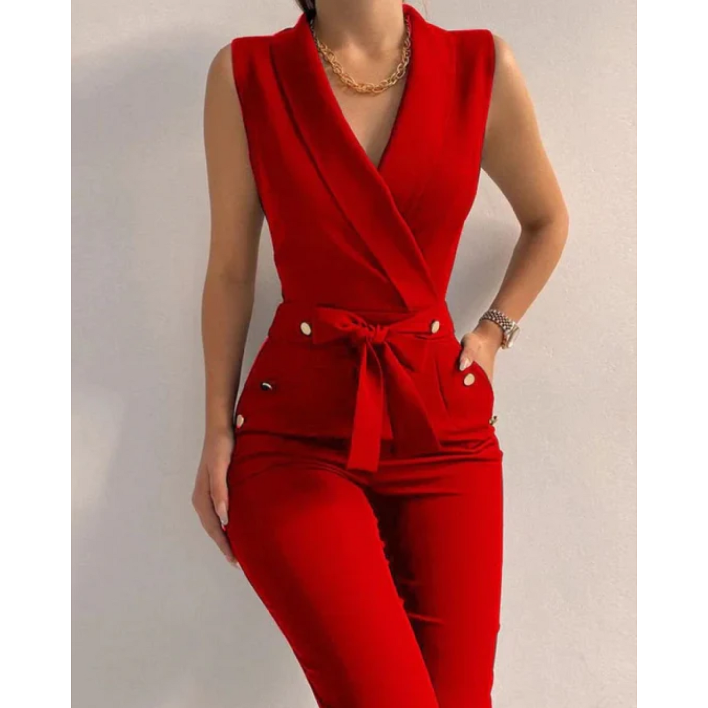 Sleeveless Formal Jumpsuit With V Neck And Lace Up Back