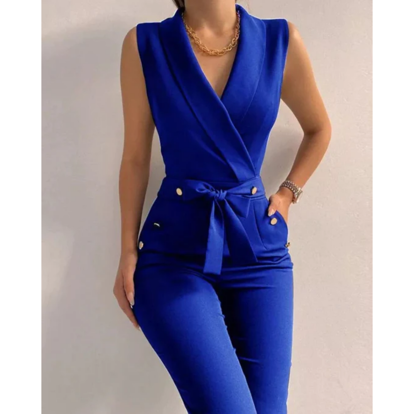 Sleeveless Formal Jumpsuit With V Neck And Lace Up Back