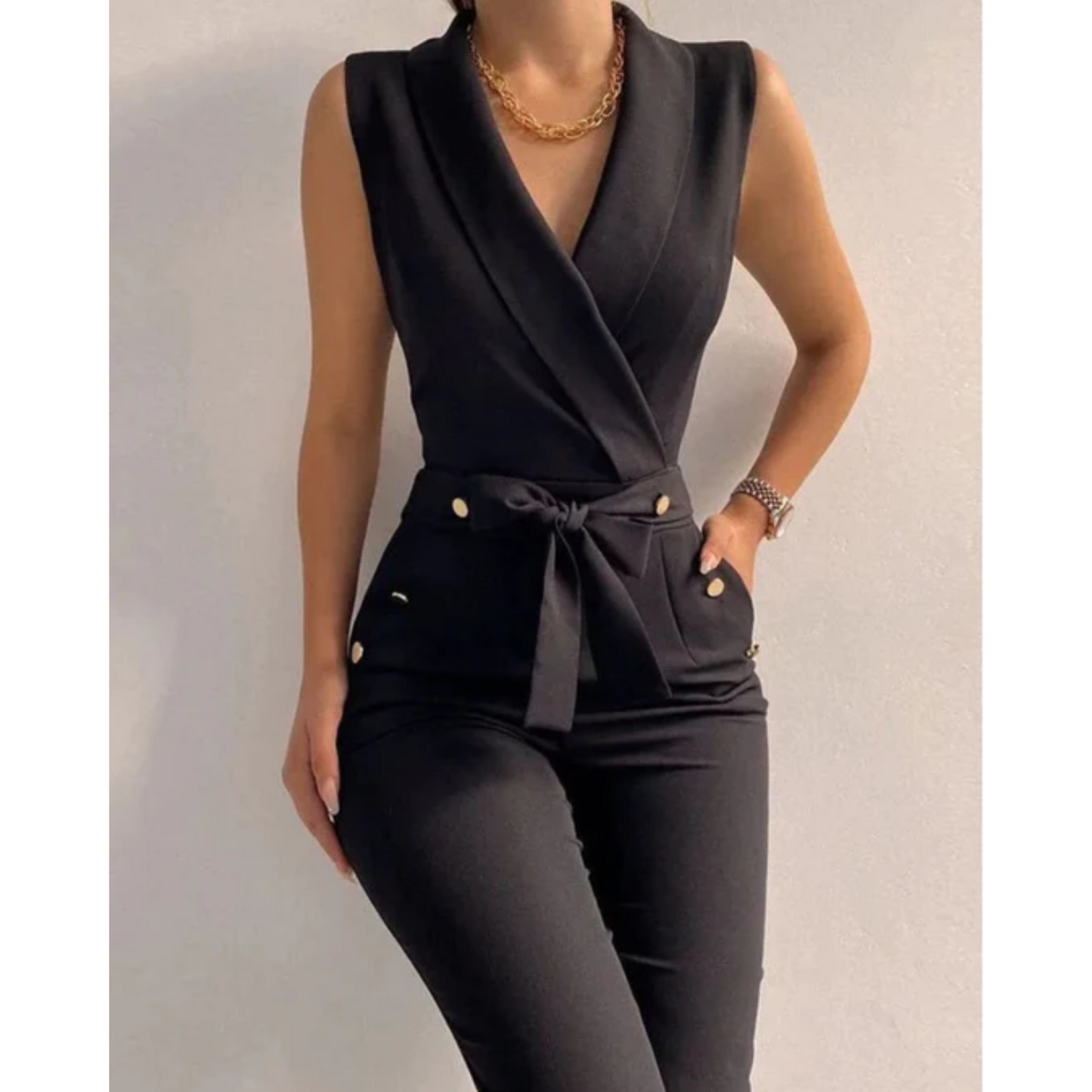 Sleeveless Formal Jumpsuit With V Neck And Lace Up Back