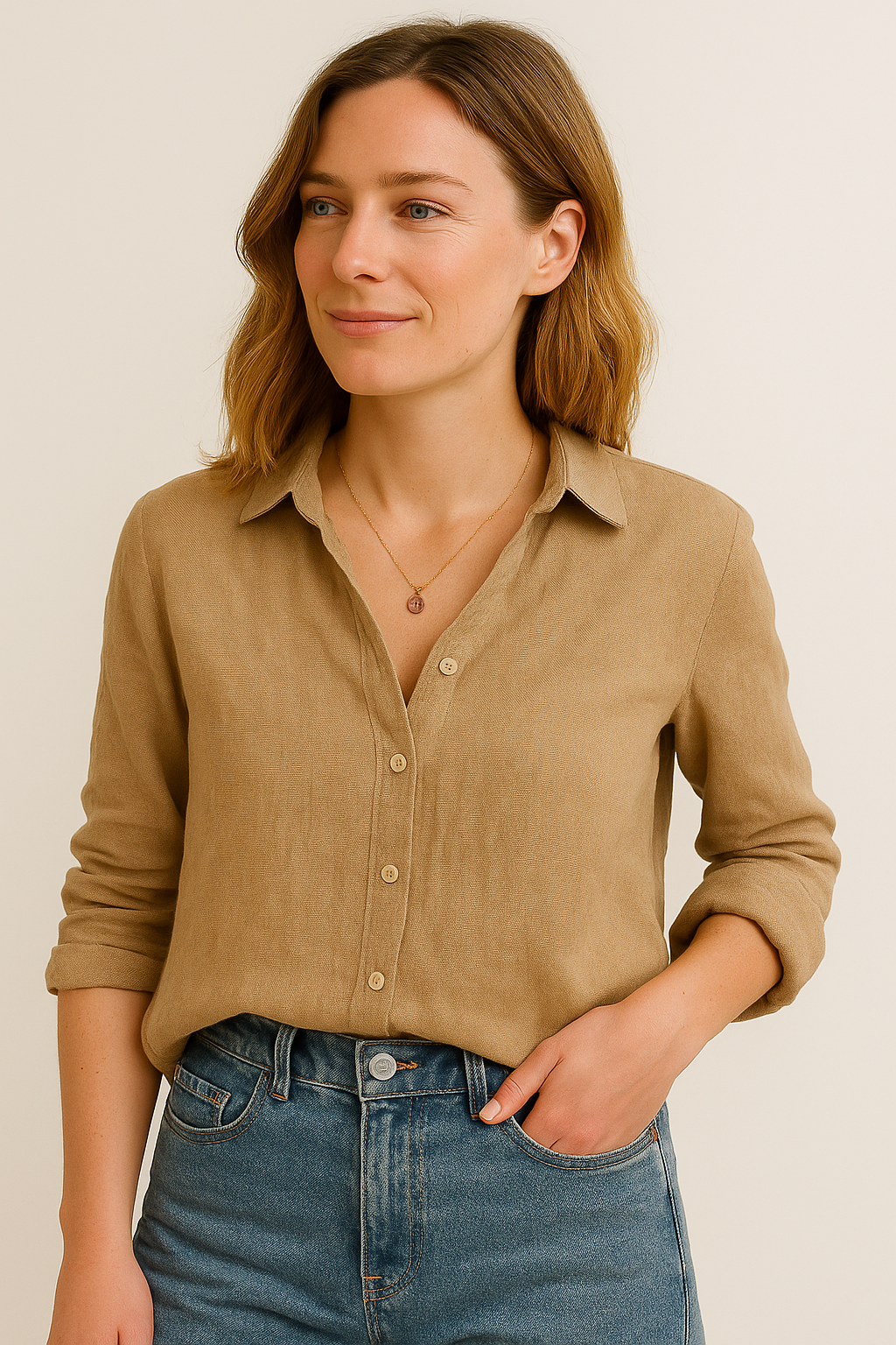 Womens Long Sleeve Blouse With Revere Collar And Relaxed Fit