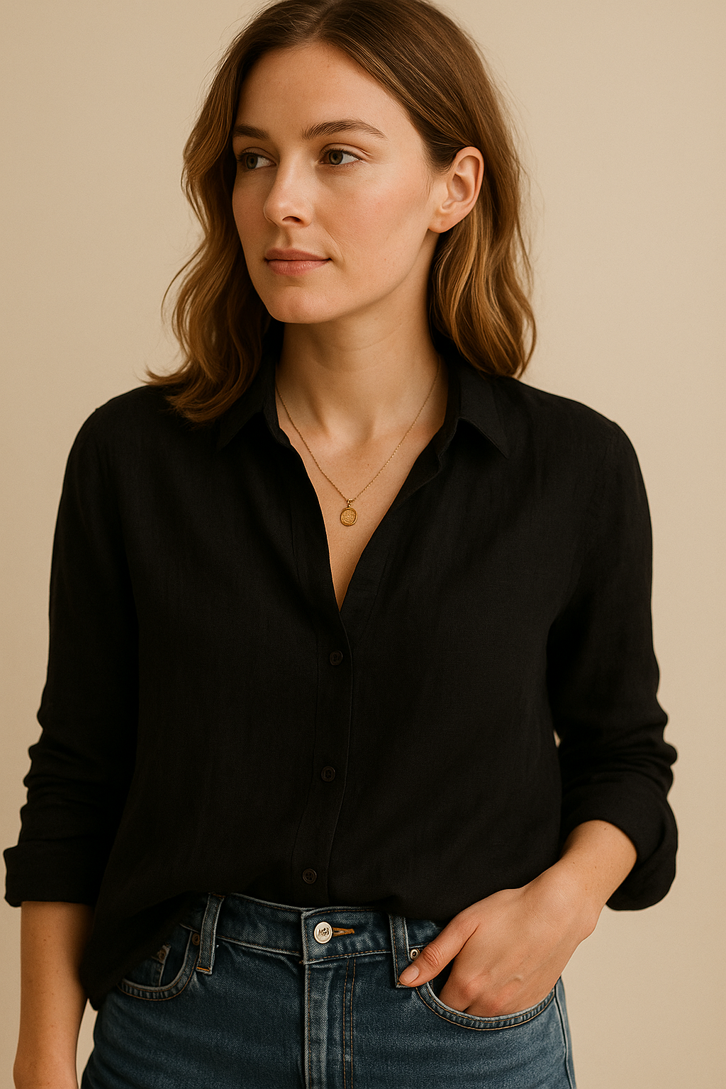 Womens Long Sleeve Blouse With Revere Collar And Relaxed Fit