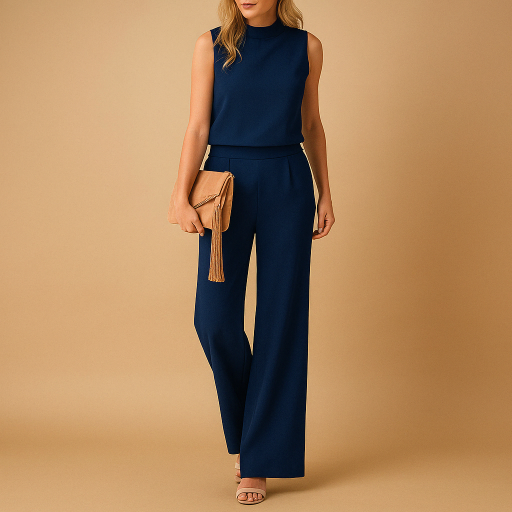 Women's Wide Leg Jumpsuit Round Neck Mid Waist Elegant Style