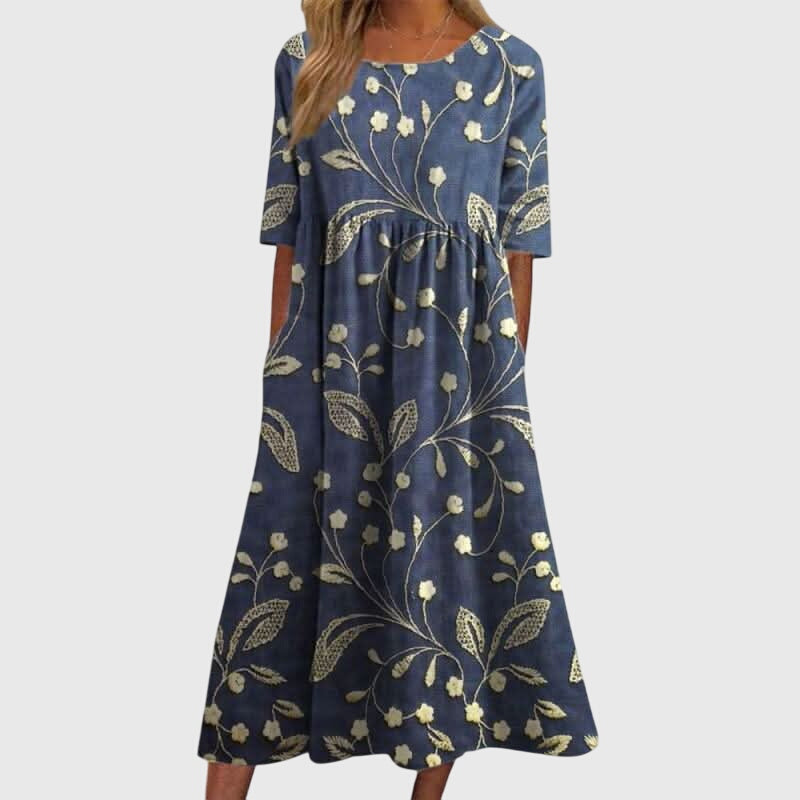 Abito midi floreale da donna in lino - vita impero e tasche laterali