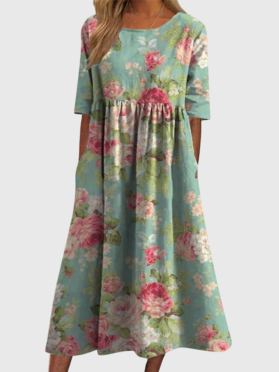 Abito midi floreale da donna in lino - vita impero e tasche laterali
