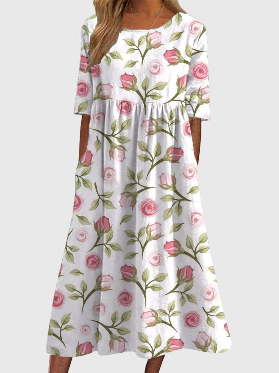 Abito midi floreale da donna in lino - vita impero e tasche laterali