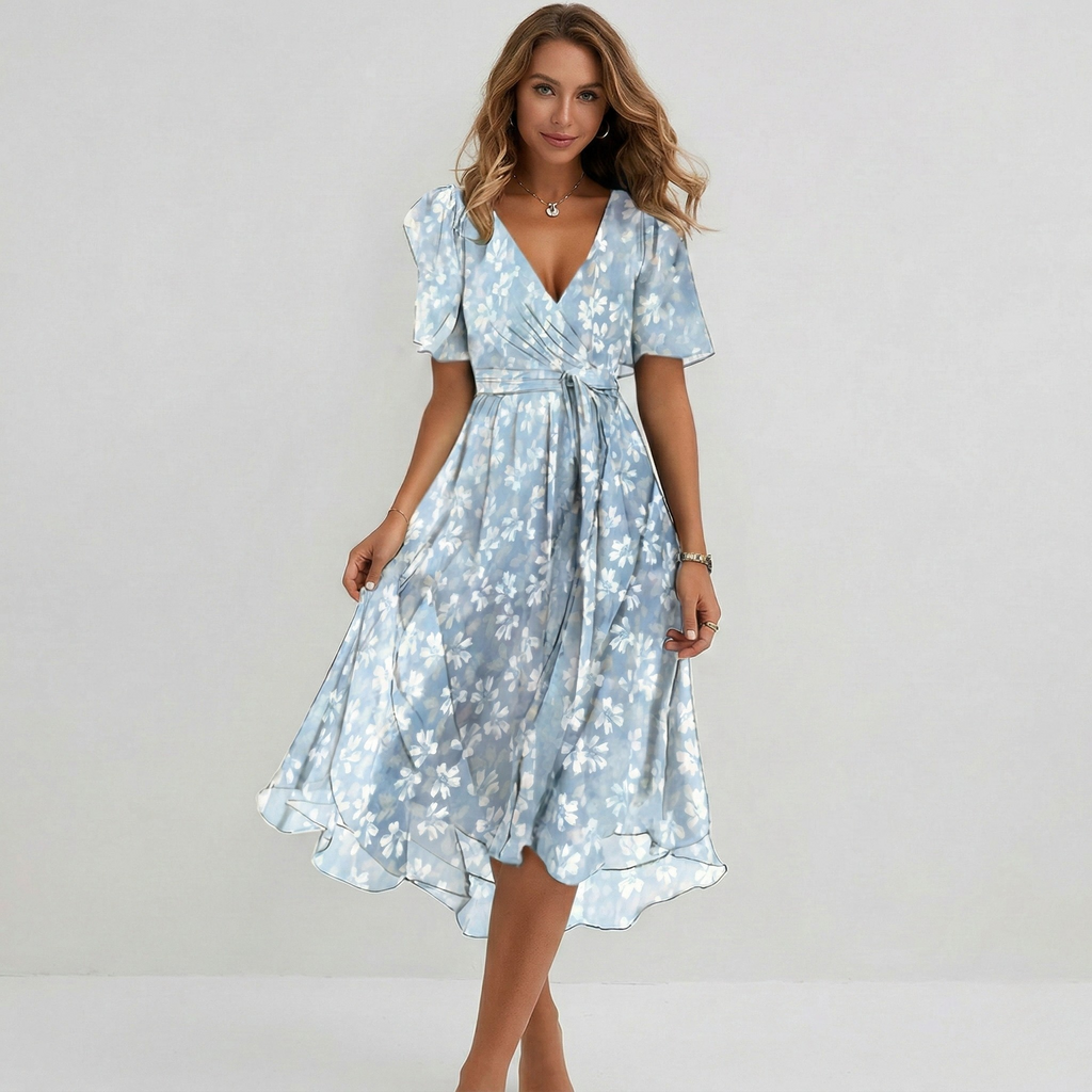 Vestito midi avvolgente da donna con stampa floreale, maniche corte, linea a trapezio, leggero