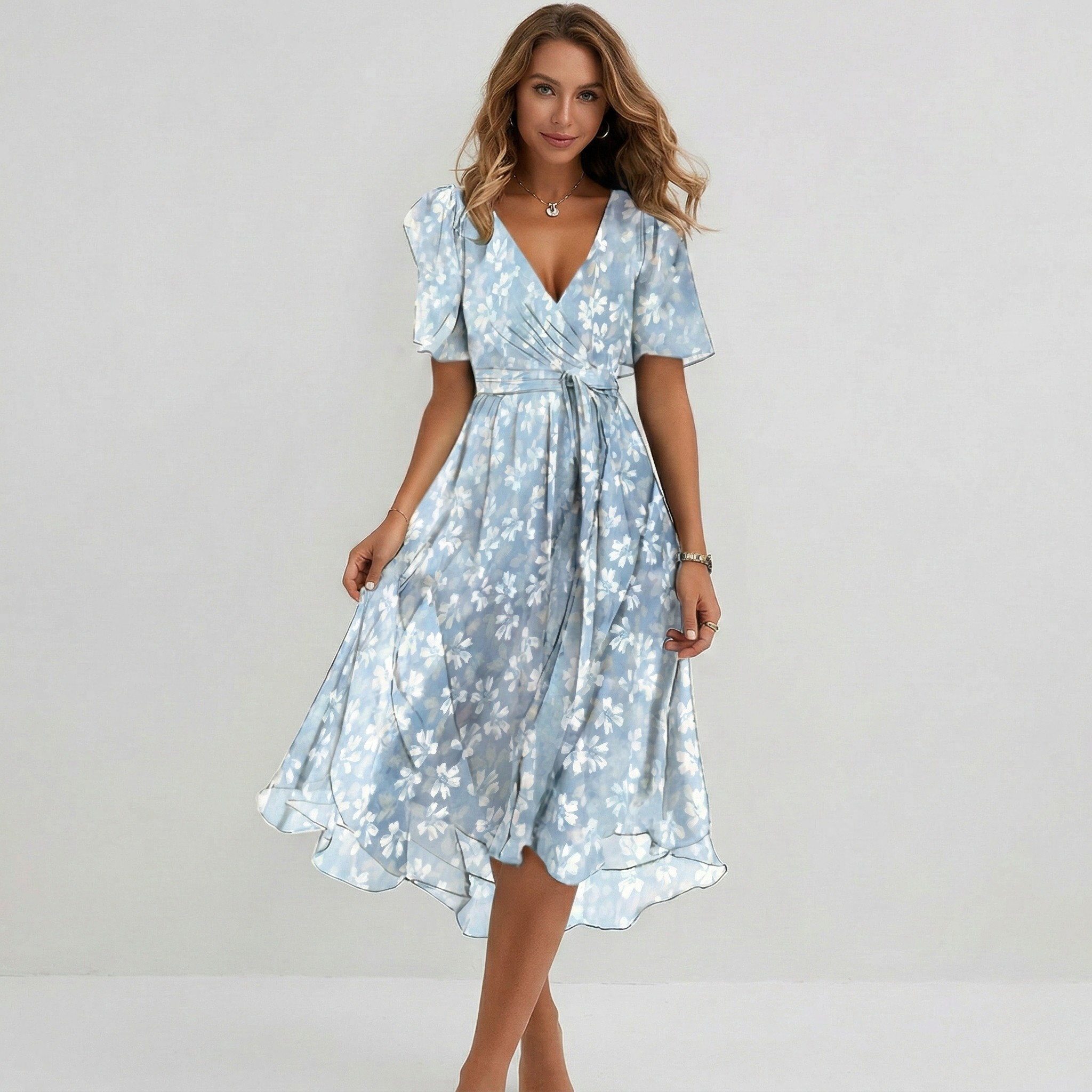 Vestito midi avvolgente da donna con stampa floreale, maniche corte, linea a trapezio, leggero