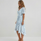 Vestito midi avvolgente da donna con stampa floreale, maniche corte, linea a trapezio, leggero