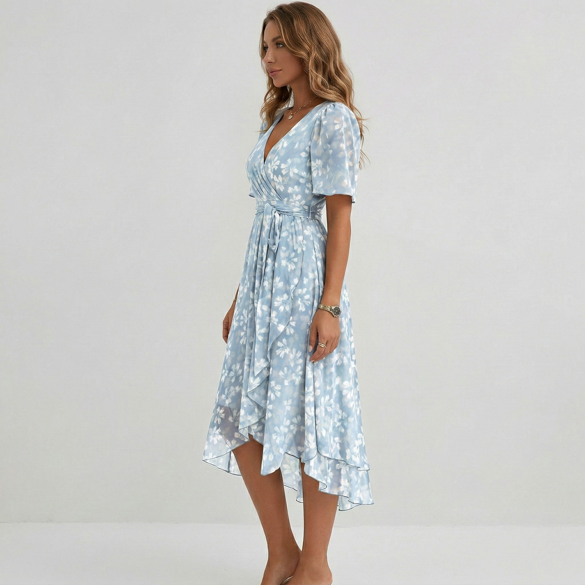 Vestito midi avvolgente da donna con stampa floreale, maniche corte, linea a trapezio, leggero