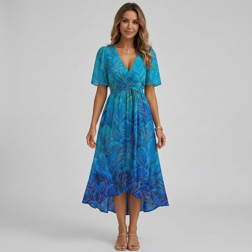 Vestito midi avvolgente da donna con stampa floreale, maniche corte, linea a trapezio, leggero