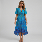 Vestito midi avvolgente da donna con stampa floreale, maniche corte, linea a trapezio, leggero