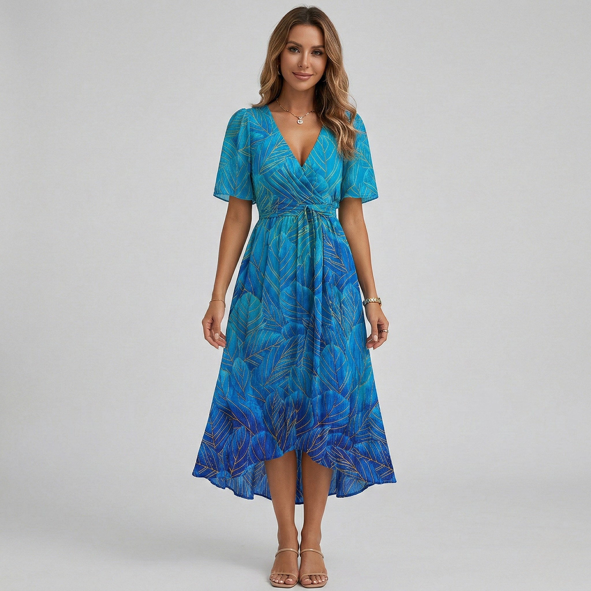 Vestito midi avvolgente da donna con stampa floreale, maniche corte, linea a trapezio, leggero