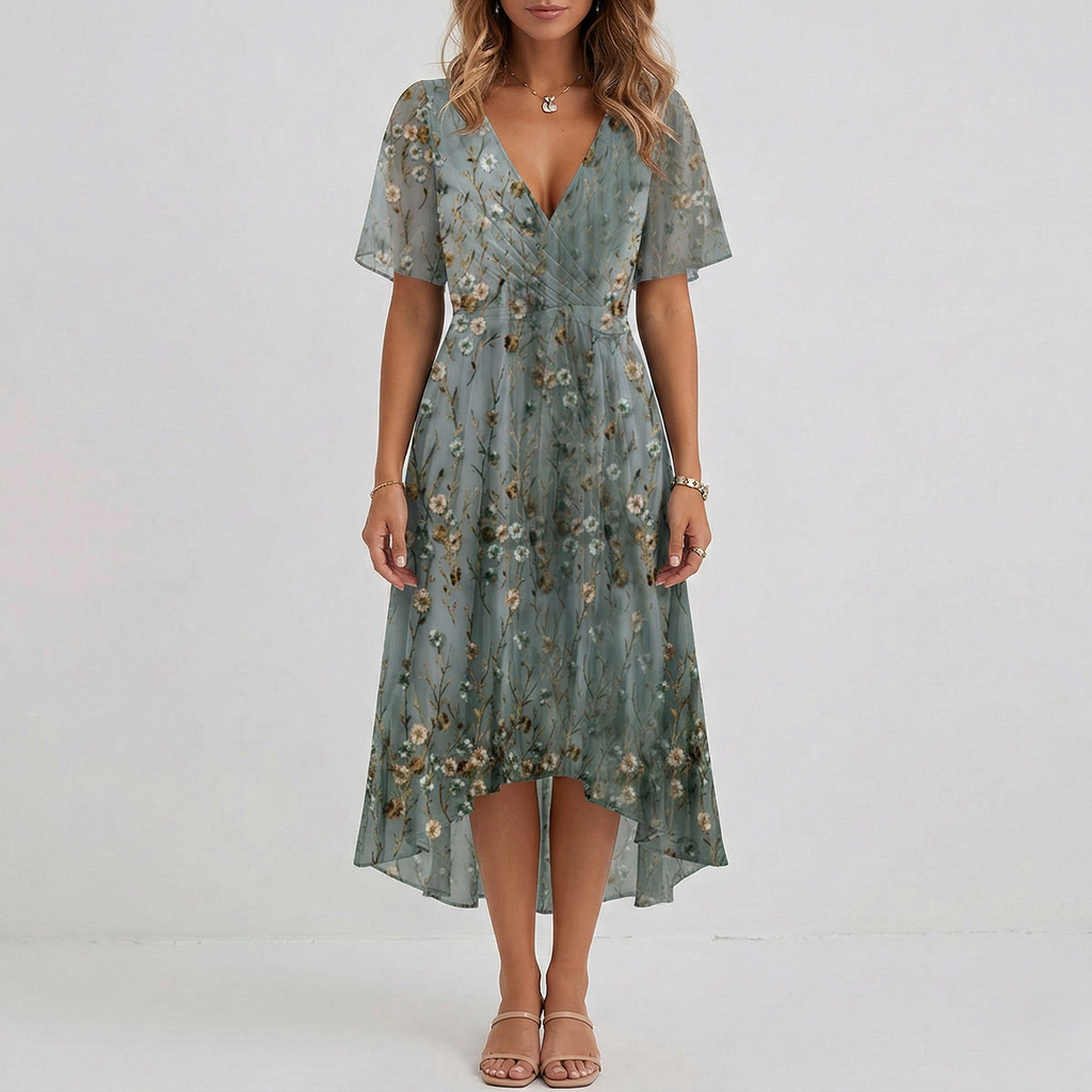 Vestito midi avvolgente da donna con stampa floreale, maniche corte, linea a trapezio, leggero