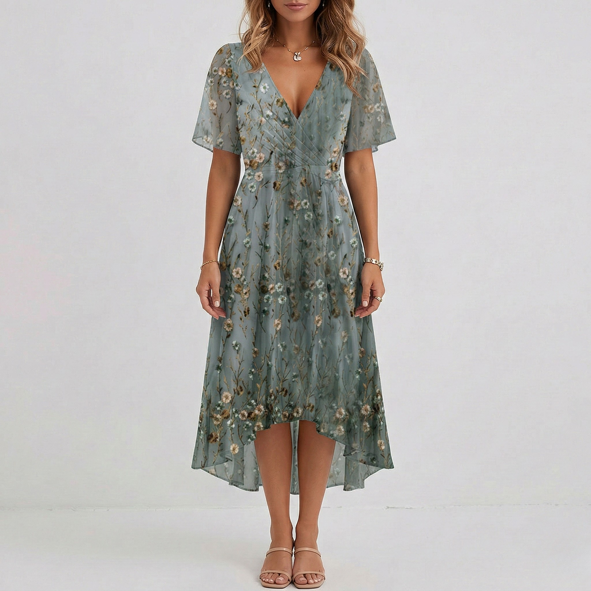 Vestito midi avvolgente da donna con stampa floreale, maniche corte, linea a trapezio, leggero