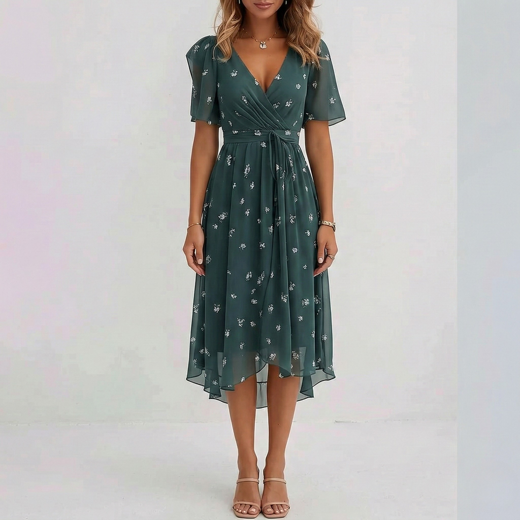 Vestito midi avvolgente da donna con stampa floreale, maniche corte, linea a trapezio, leggero