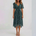 Vestito midi avvolgente da donna con stampa floreale, maniche corte, linea a trapezio, leggero