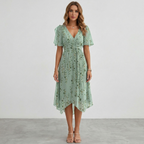 Vestito midi avvolgente da donna con stampa floreale, maniche corte, linea a trapezio, leggero