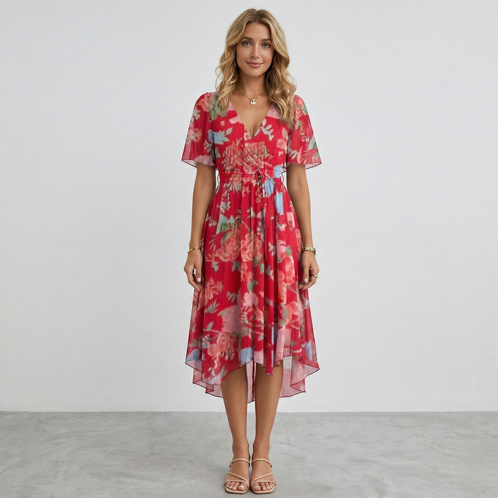 Vestito midi avvolgente da donna con stampa floreale, maniche corte, linea a trapezio, leggero
