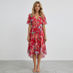 Vestito midi avvolgente da donna con stampa floreale, maniche corte, linea a trapezio, leggero