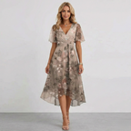 Vestito midi avvolgente da donna con stampa floreale, maniche corte, linea a trapezio, leggero