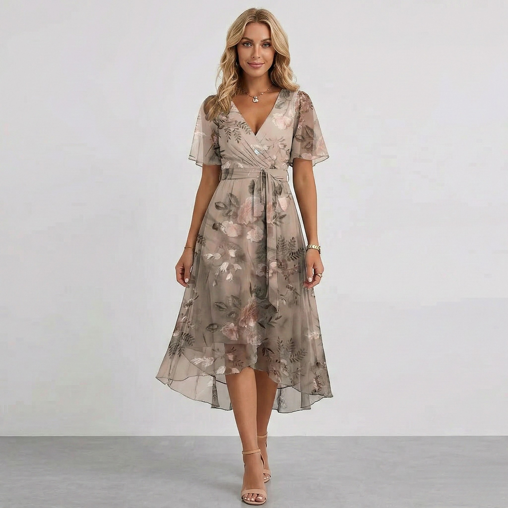 Vestito midi avvolgente da donna con stampa floreale, maniche corte, linea a trapezio, leggero