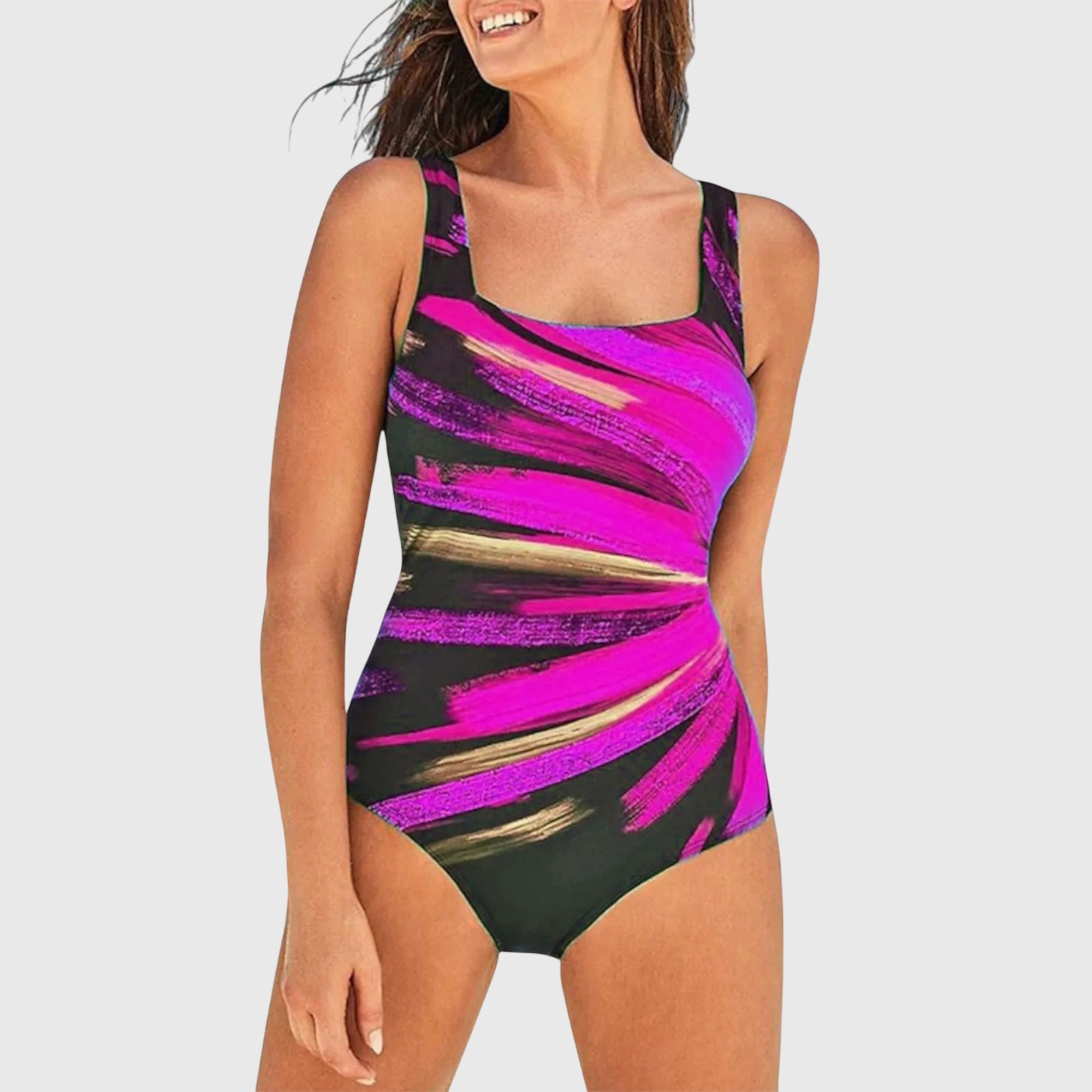 Women's Swimsuit - Multi-Pattern Print and Athletic Square Neck Detail