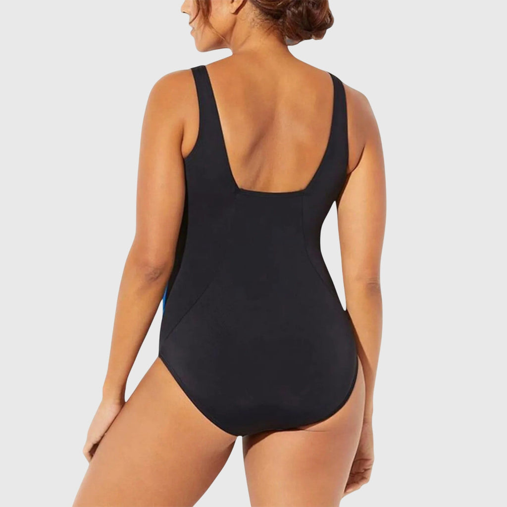 Women's Swimsuit - Multi-Pattern Print and Athletic Square Neck Detail