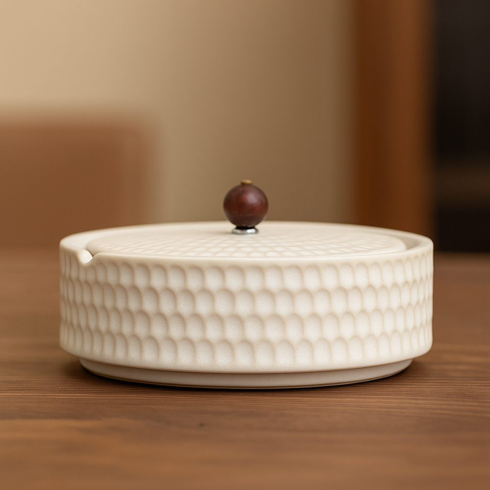 Ceramic Ash Tray With Wooden Lid Home Decor White NALANI