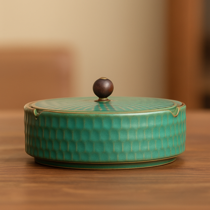 Ceramic Ash Tray With Wooden Lid Home Decor Petrol NALANI