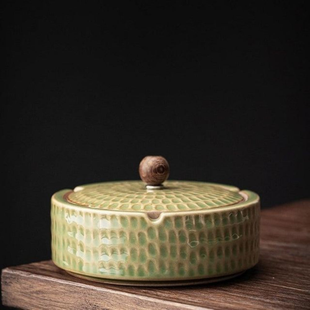 Ceramic Ash Tray With Wooden Lid Home Decor NALANI